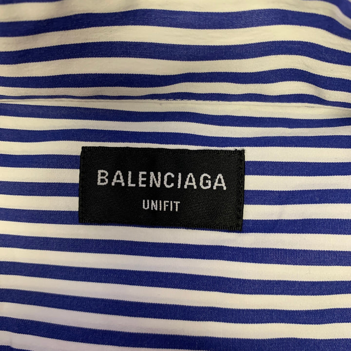 BALENCIAGA Size XXS Blue White Stripe Cotton Button Down Asymmetrical  Sleeve Shirt