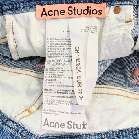 ACNE STUDIOS Size 29 River Mid Blue Contrast Stitch Cotton Blend Button Fly Jeans