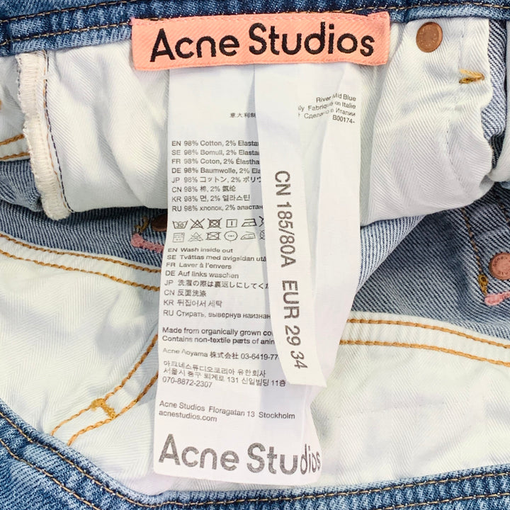 ACNE STUDIOS Size 29 River Mid Blue Contrast Stitch Cotton Blend Button Fly Jeans