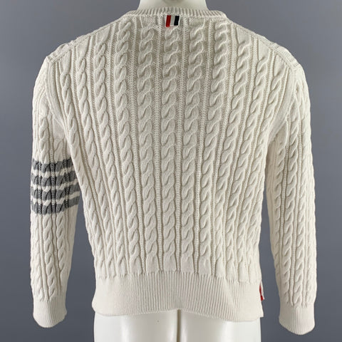 THOM BROWNE Size M White Grey Cotton Cable Knit Sweater