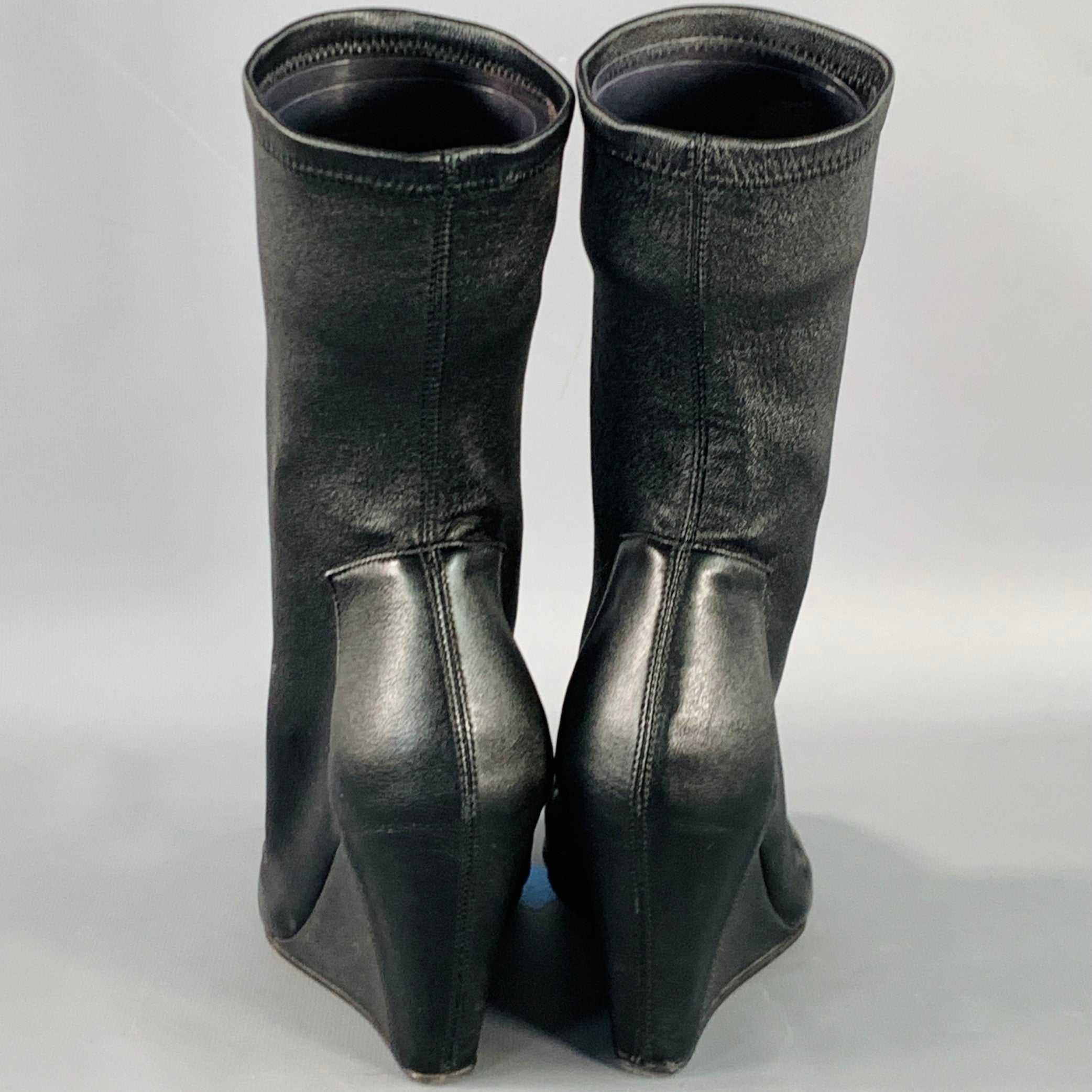 RICK OWENS Size 5 Black Lambskin Leather Open Toe Sock Wedge Boots
