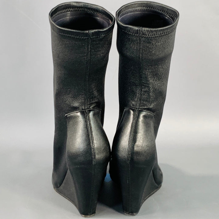 RICK OWENS Size 5 Black Lambskin Leather Open Toe Sock Wedge Boots