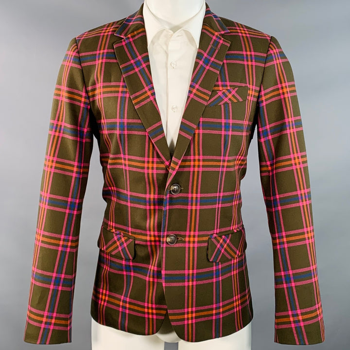 MR TURK Size 38 Olive Pink Orange Plaid Polyester Blend Notch Lapel Sport Coat