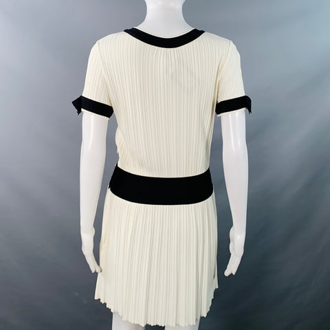 CHANEL Size 6 Cream Black Viscose Blend Ribbed Contrast Trim Drop Waist Bow Cocktail Dress