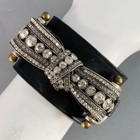 Bracelet manchette VINTAGE en cuir noir avec nœud et strass