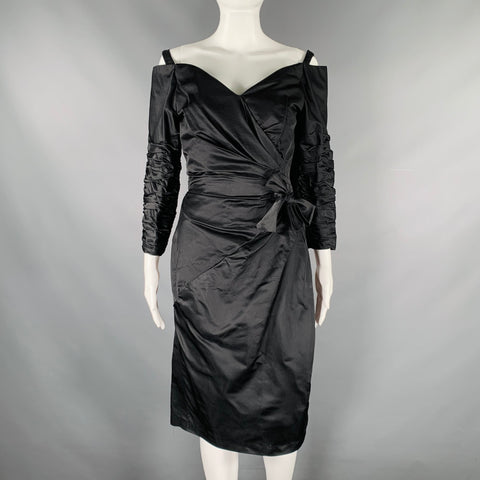 VICTOR COSTA Size 4 Black Silk Rayon Ruched Off-Shoulder Cocktail Dress
