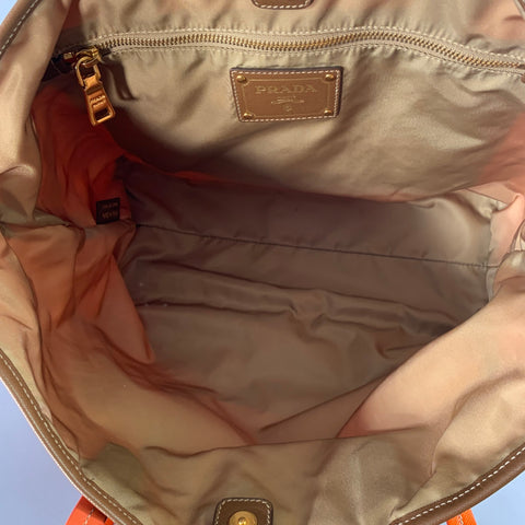 PRADA Orange Gold Saffiano Nylon Leather Trim Tote Handbag