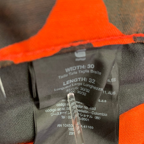 G-STAR Size 30 5622 Orange Black Camo Cotton Button Fly Casual Pants