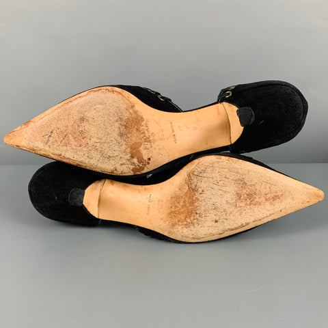 PRADA Talla 6.5 Zapatos de tacón de gatito con eslabones de cadena de ante negro plateado