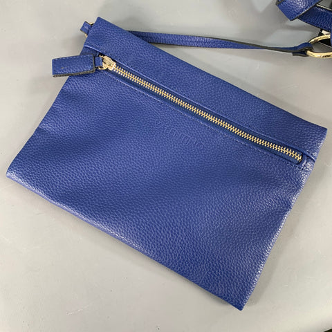 MARIO VALENTINO Blue White Reversible Chevron Pebble Grain Leather Tote Handbag