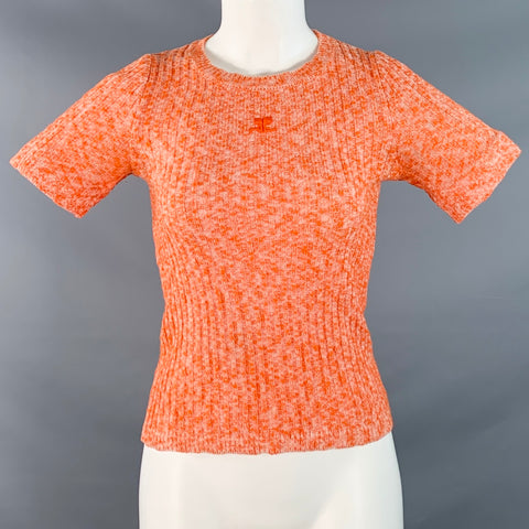 COURREGES Size XS Orange White Acrylic Cotton Ribbed Short Sleeve Casual Top