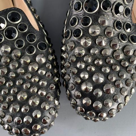 PRADA Size 7.5 Black Silver Leather Studded Slip On Loafers Flats