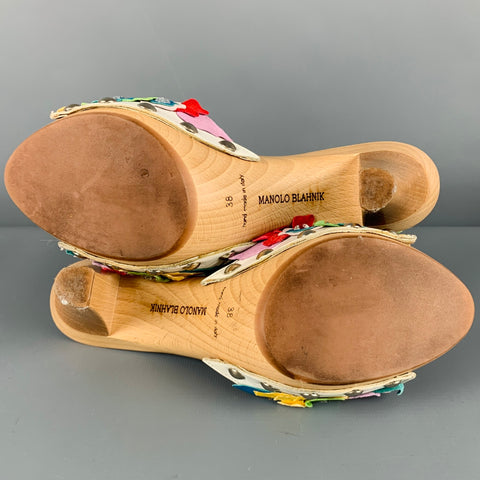 MANOLO BLAHNIK Size 8 Multi Color Suede Floral Applique Clog Sandals