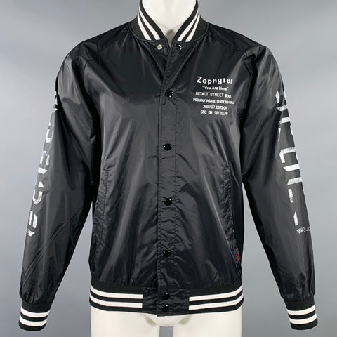 ZEPHYREN Size M Black White Print Polyester Bomber Jacket