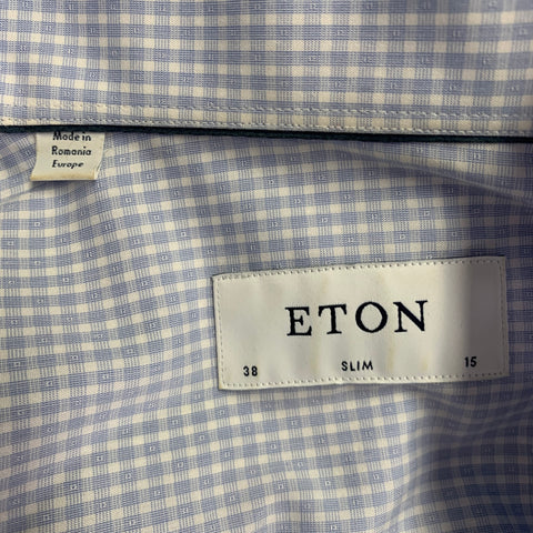 ETON Size S Light Blue White Checkered Cotton Spread Collar Long Sleeve Shirt