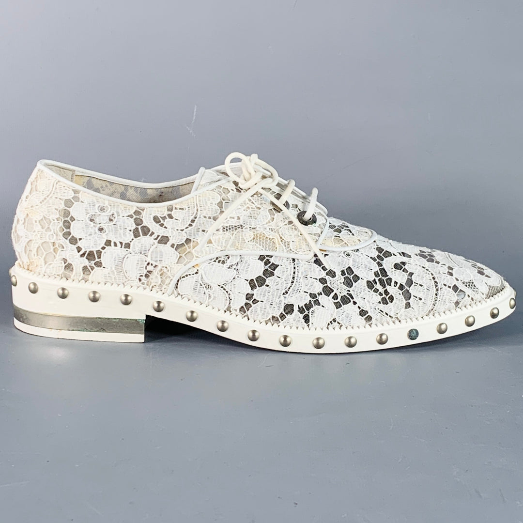 GIVENCHY Size 10 White Leather Lace Studded Derby Shoes