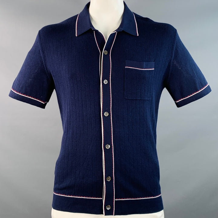 TODD SNYDER Size L Navy Red White Contrast Trim One Pocket Short Sleeve Shirt