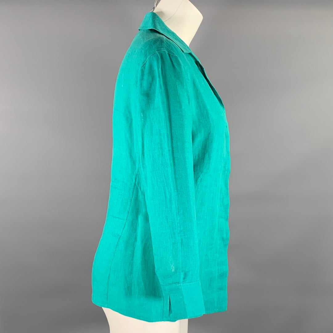 GIORGIO ARMANI Size 8 Teal Linen 3/4 Sleeves Shirt