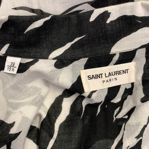 SAINT LAURENT Size M Black White Leaves 2 Pockets Short Sleeve Shirt