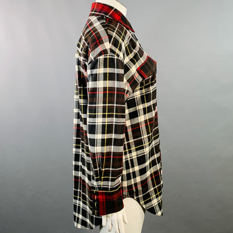 ALICE + OLIVIA Size L Black Red White Polyester Blend Plaid Button Up Shirt