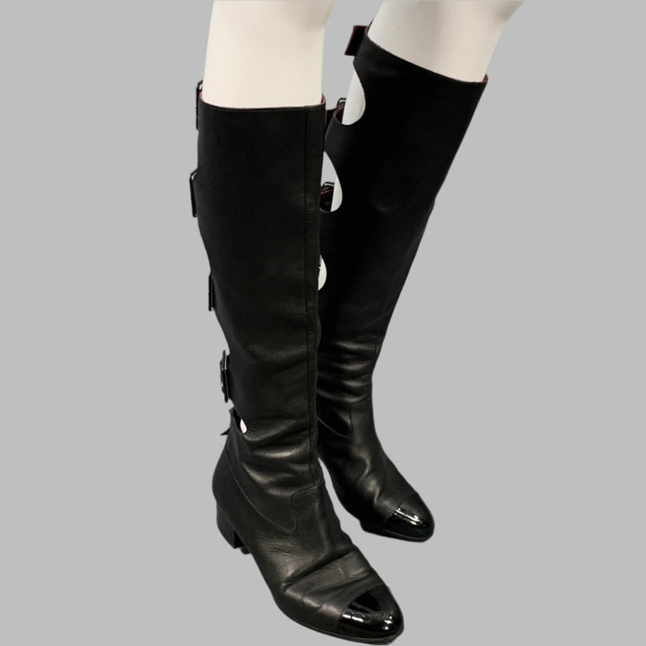 CHANEL Size 6.5 Black Leather Knee High Buckles Boots
