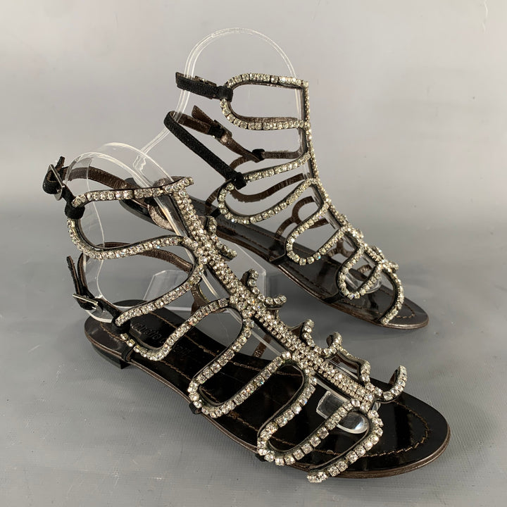 ROBERTO CAVALLI Size 7 Black Rhinestone Leather Gladiator Sandals