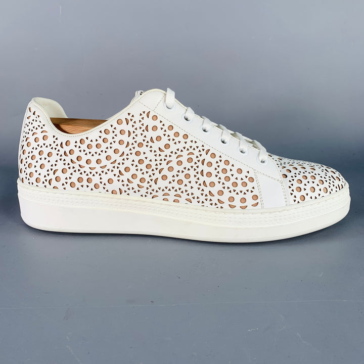 ALAIA Size 8 White Tan Laser Cut Leather Lace-Up Low Top Sneakers