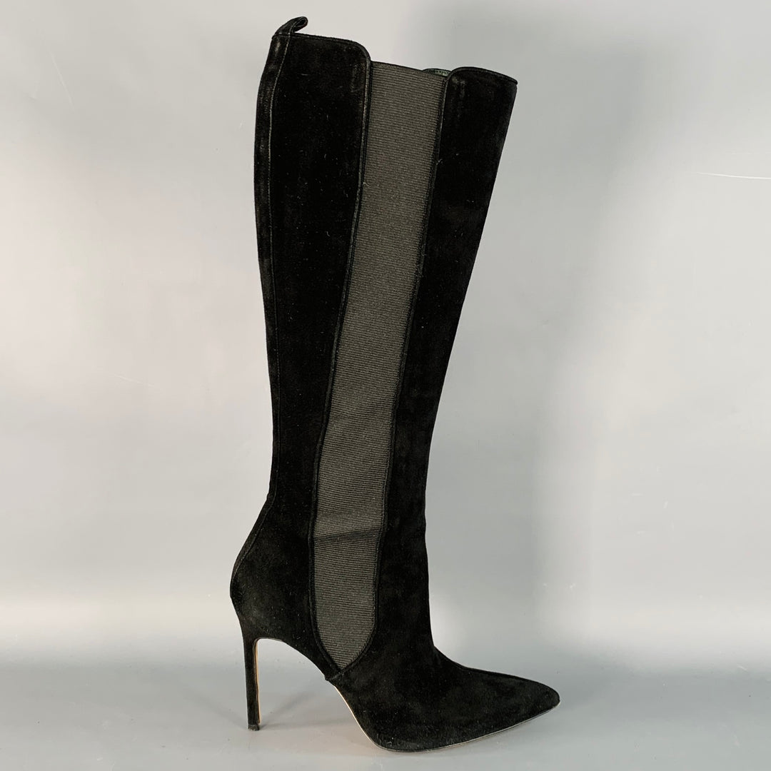 MANOLO BLAHNIK Size 8.5 Black Suede Pull On Pointed Toe Stiletto Boots