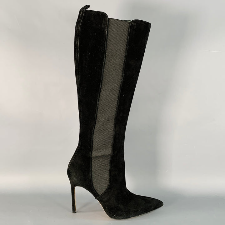 MANOLO BLAHNIK Size 8.5 Black Suede Pull On Pointed Toe Stiletto Boots