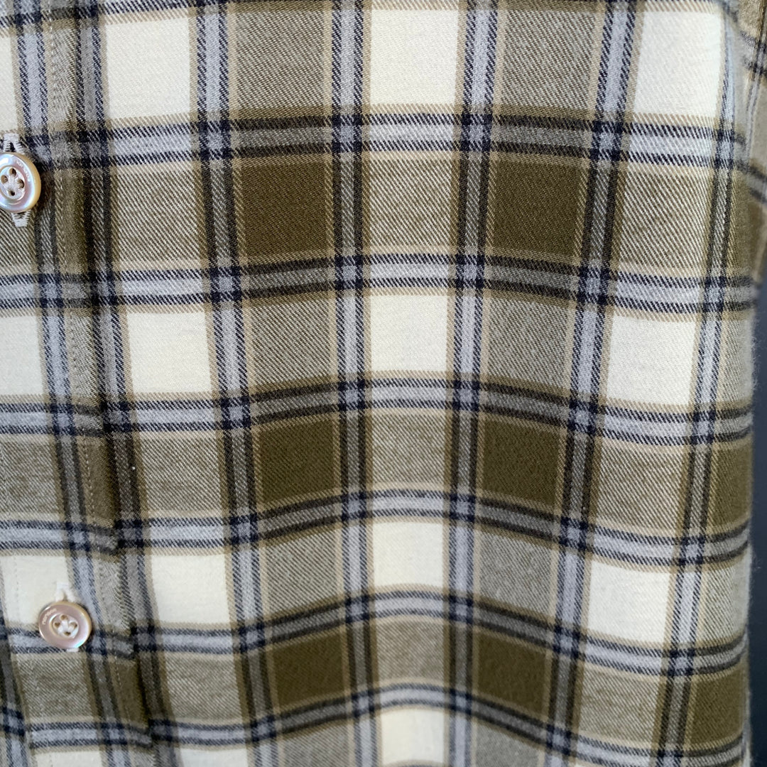 BOGLIOLI Size L Cream Olive Plaid Cotton Twill Spread Collar Long Sleeve Shirt