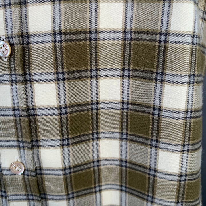 BOGLIOLI Size L Cream Olive Plaid Cotton Twill Spread Collar Long Sleeve Shirt