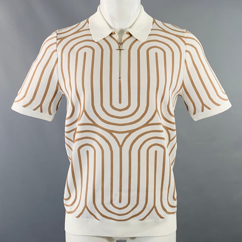REISS Size M Maycross White Tan Abstract Viscose Blend Zip Up Polo