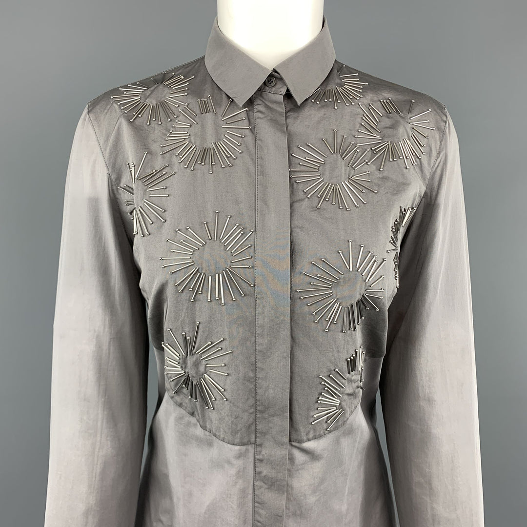 AKRIS Size 8 Grey Sheer Cotton Beaded Bib Blouse