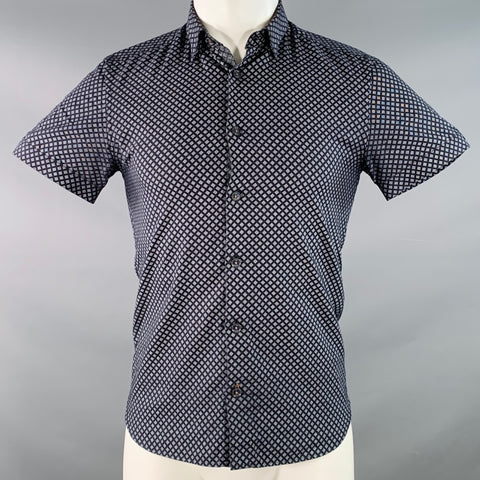 TED BAKER Size XS Foresth Navy Grey Square Dots Cotton Spread Collar Short Sleeve Shirt