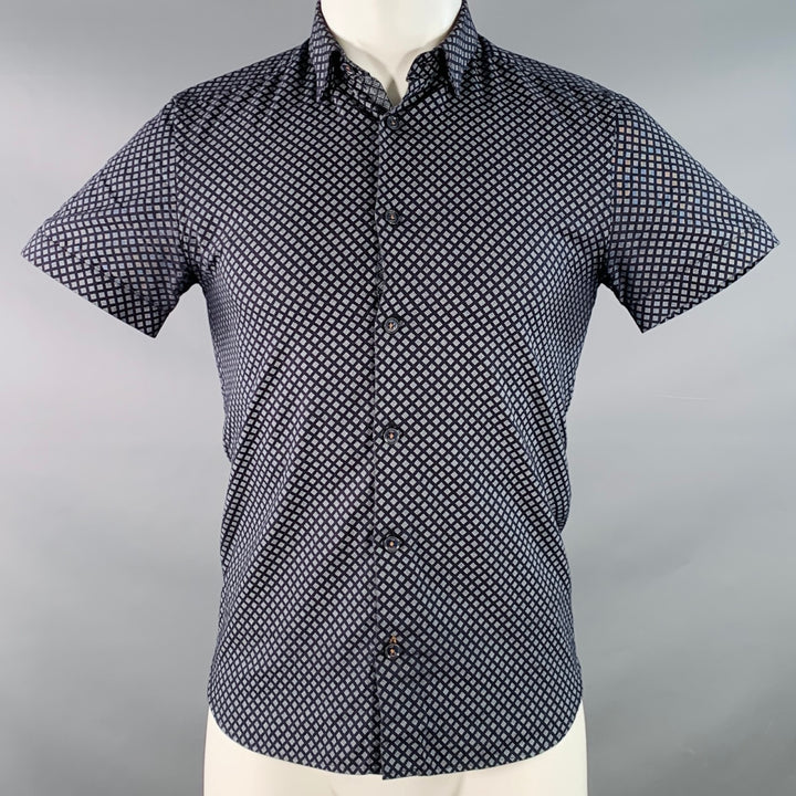 TED BAKER Size XS Foresth Navy Grey Square Dots Cotton Spread Collar Short Sleeve Shirt