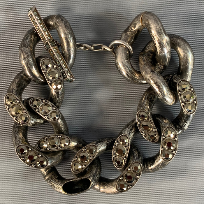 LANVIN Silver Gunmetal Chain Link Crystal Bracelet