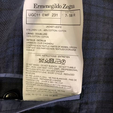ERMENEGILDO ZEGNA Chest Size 48 Navy Blue Plaid Linen Cotton Wool Sport Coat