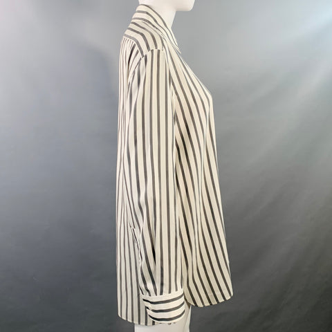 THE ROW Size S White Grey Silk Stripe Hidden Buttons Shirt