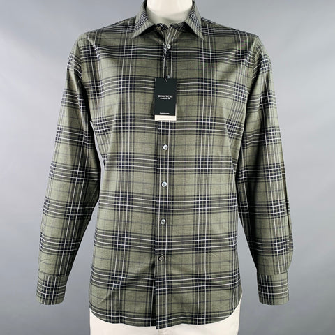 BUGATCHI Size XL Green Black Plaid Cotton Blend Long Sleeve Shirt
