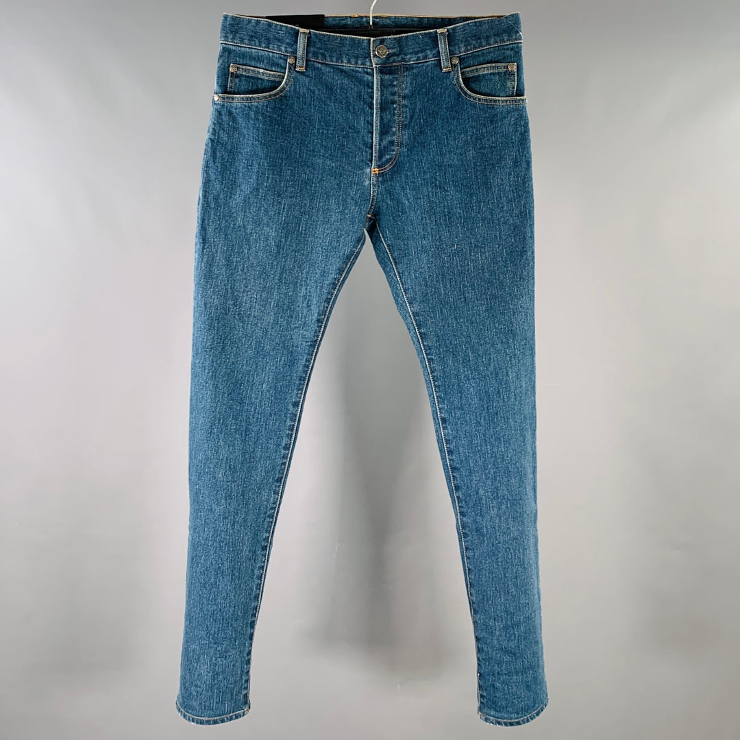 BALMAIN Size 32 Blue Contrast Stitch Cotton Blend Skinny Button Fly Jeans