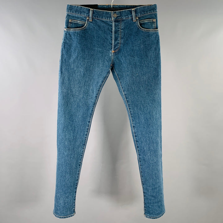 BALMAIN Size 32 Blue Contrast Stitch Cotton Blend Skinny Button Fly Jeans