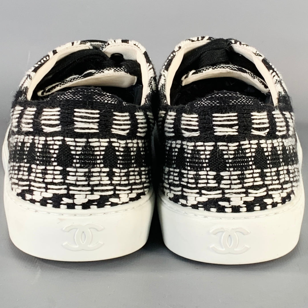 CHANEL Size 9 Black White Woven Canvas Slip On Lace-Up Sneakers