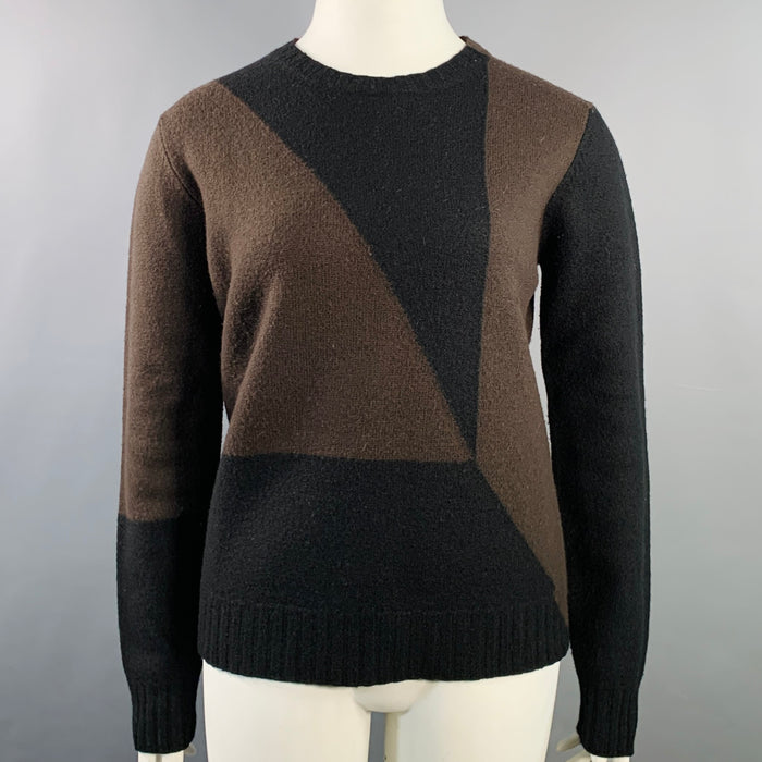 JIL SANDER Size XL Brown Black Wool Color Block Crew Neck Sweater