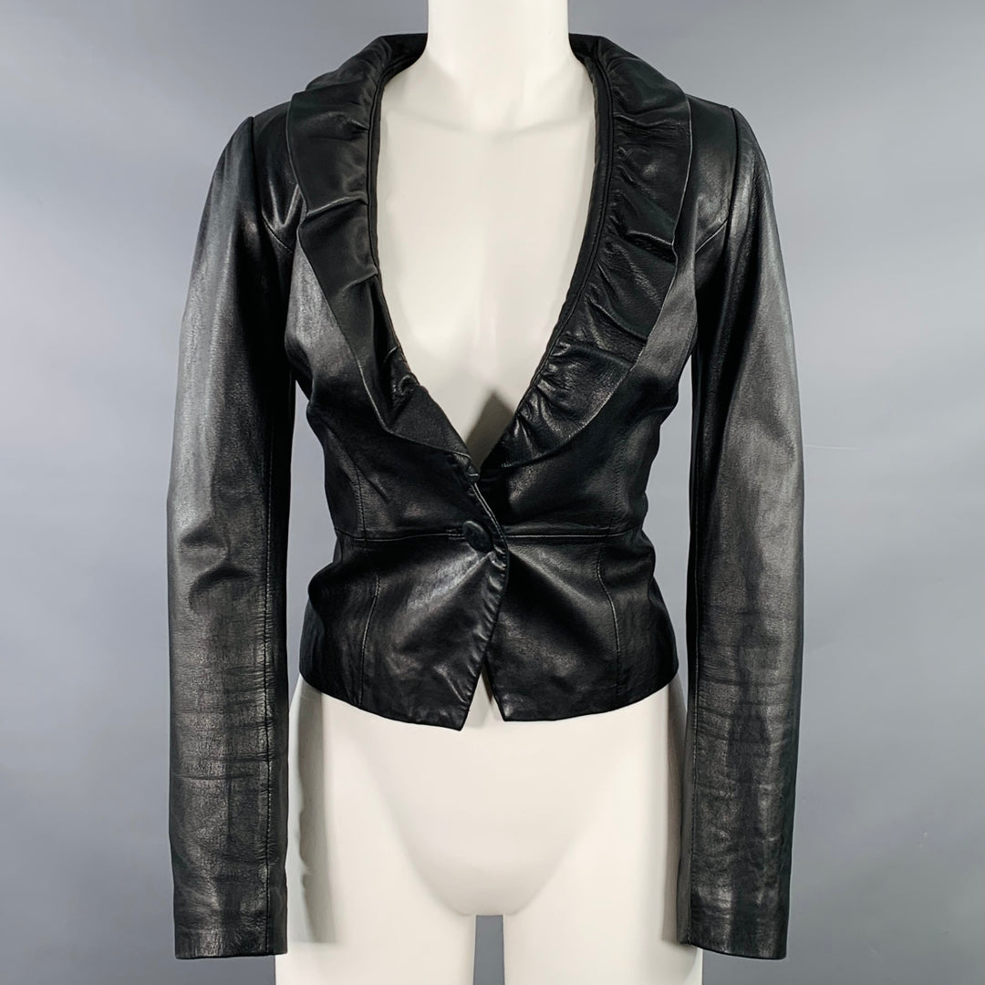 MILLY Size S Black Lambskin Leather Ruffle Jacket