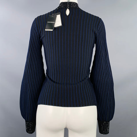 EMPORIO ARMANI Taille S Noir Bleu Marine Mélange Viscose Rayures Col Montant Robe Haut