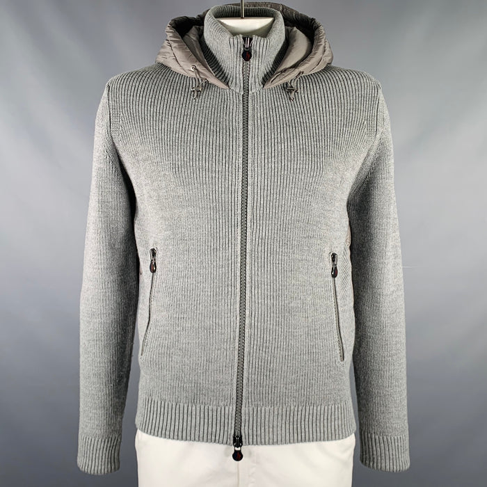 MONCLER Size XL Grey Knit Wool Acrylic Hooded Jacket