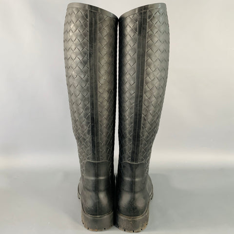 BOTTEGA VENETA Taille 8 Bottes de Pluie en Caoutchouc Noir Tressé Intrecciato