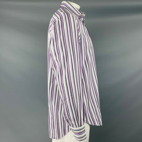 ETRO Size L White Purple Stripe Cotton Button Up Long Sleeve Shirt