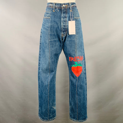 WESTFALL Size S Blue Red Cotton Painted Strawberry High Waisted Straight Button Fly Jeans