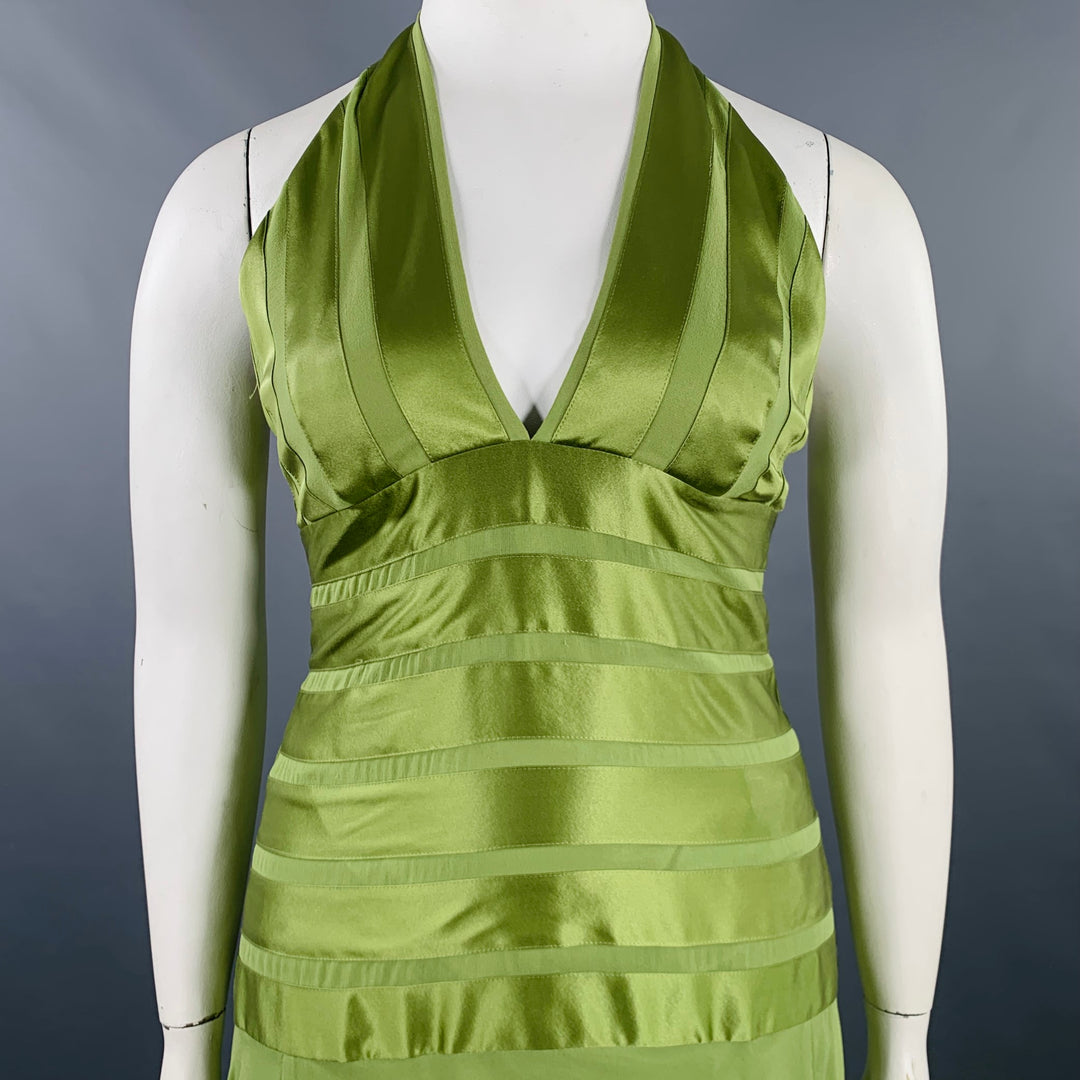 BCBG Size 12 Green Silk Mixed Fabrics Halter Mid Calf Dress Sui Generis Designer Consignment BCBG Size 12 Green Silk Mixed Fabrics Halter Mid Calf Dress Sui Generis Designer Consignment